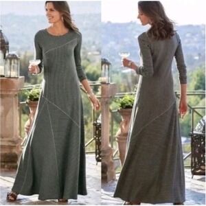 Soft Surroundings Riley Slimming Slant Maxi Dress L Gray Black Stripe Soft Goth